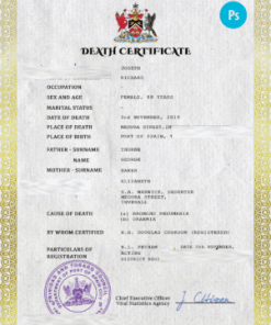 Trinidad and Tobago vital record death certificate PSD template, completely editable