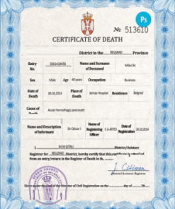 Serbia death certificate PSD template, completely editable