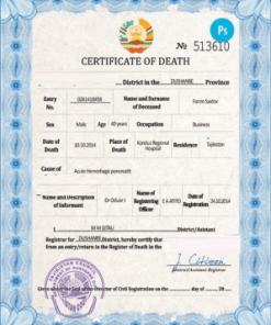 Tajikistan vital record death certificate PSD template, completely editable