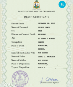 Saint Vincent and the Grenadines death certificate PSD template, completely editable