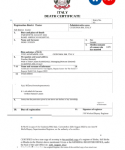 Italy vital record death certificate Word and PDF template