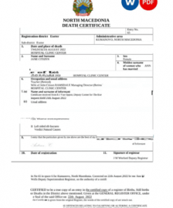 North Macedonia death certificate Word and PDF template, completely editable