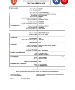 Norway vital record death certificate Word and PDF template