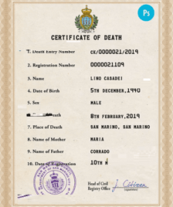 San Marino vital record death certificate PSD template, fully editable