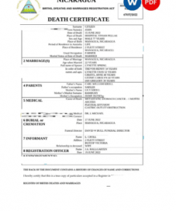 Nicaragua vital record death certificate Word and PDF template