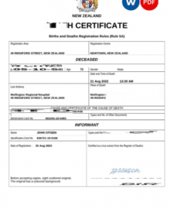 New Zealand death certificate Word and PDF template, completely editable