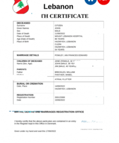 Lebanon death certificate Word and PDF template, completely editable