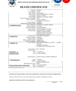 Liberia death certificate Word and PDF template, completely editable