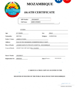 Mozambique vital record death certificate Word and PDF template