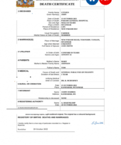 Myanmar death certificate Word and PDF template, completely editable