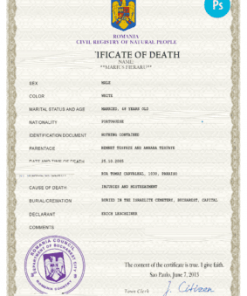 Romania death certificate PSD template, completely editable