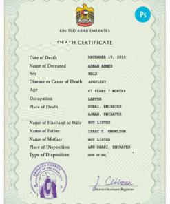 United Arab Emirates vital record death certificate PSD template, completely editable