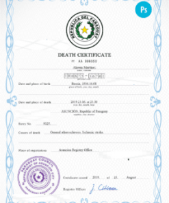 Paraguay vital record death certificate PSD template