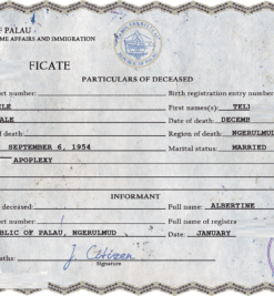 Palau death certificate PSD template, completely editable