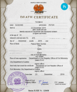 Papua New Guinea death certificate PSD template, completely editable