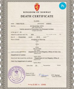 Norway vital record death certificate PSD template, completely editable