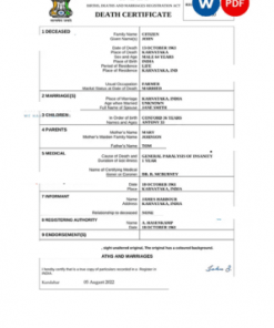 India death certificate Word and PDF template, completely editable