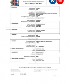 Iceland vital record death certificate Word and PDF template