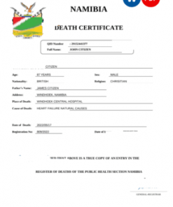 Namibia vital record death certificate Word and PDF template