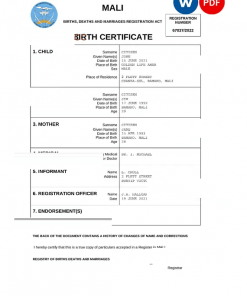Mali vital record birth certificate Word and PDF template, completely editable