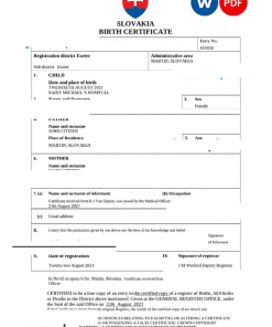 Slovakia birth certificate Word and PDF template, completely editable