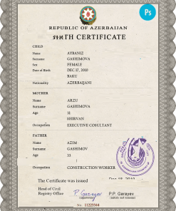 Azerbaijan birth certificate PSD template, completely editable