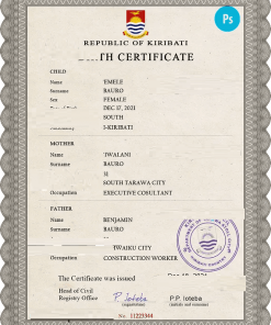 Kiribati vital record birth certificate PSD template