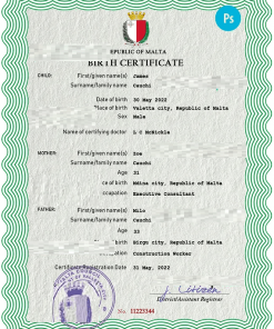Malta vital record birth certificate PSD template