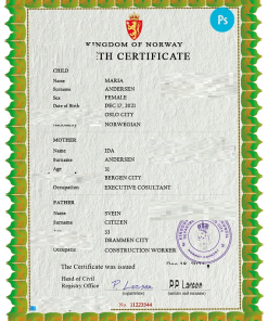 Norway birth certificate PSD template, completely editable