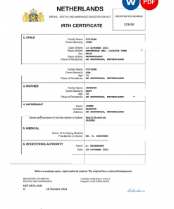 Netherlands vital record birth certificate Word and PDF template, completely editable
