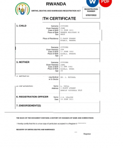Rwanda birth certificate Word and PDF template, completely editable
