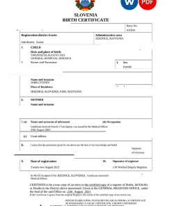 Slovenia birth certificate Word and PDF template, completely editable