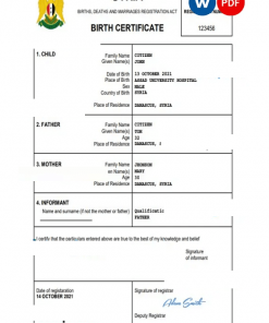 Syria birth certificate Word and PDF template, completely editable