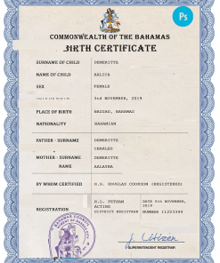 Bahamas vital record birth certificate PSD template, fully editable