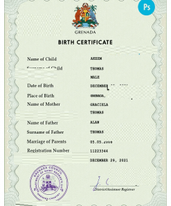 Grenada vital record birth certificate PSD template, fully editable