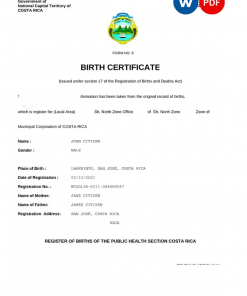 Costa Rica birth certificate Word and PDF template, completely editable