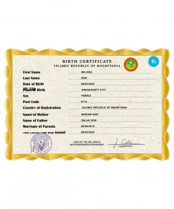 Mauritania birth certificate PSD template, completely editable