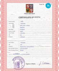 Czechia vital record birth certificate PSD template, completely editable