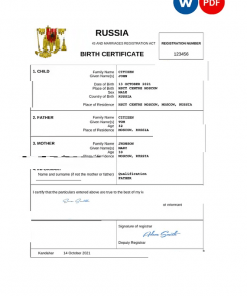 Russia vital record birth certificate Word and PDF template, completely editable