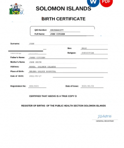 Solomon Islands vital record birth certificate Word and PDF template, completely editable
