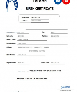 Taiwan vital record birth certificate Word and PDF template, completely editable