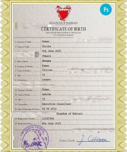 Bahrain vital record birth certificate PSD template