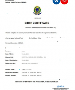Brazil vital record birth certificate Word and PDF template, completely editable