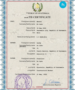 Guatemala vital record birth certificate PSD template