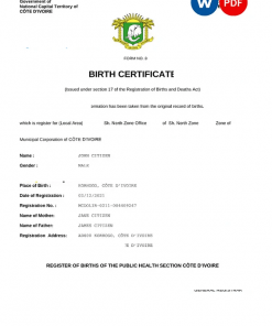 Cote d’Ivoire vital record birth certificate Word and PDF template, completely editable