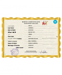 Northern Ireland vital record birth certificate PSD template, fully editable
