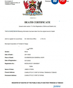 Trinidad and Tobago death certificate Word and PDF template, completely editable