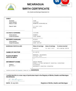 Nicaragua vital record birth certificate Word and PDF template, completely editable