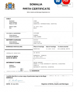 Somalia birth certificate Word and PDF template, completely editable