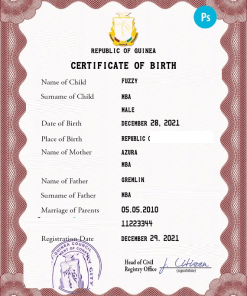 Guinea vital record birth certificate PSD template, completely editable